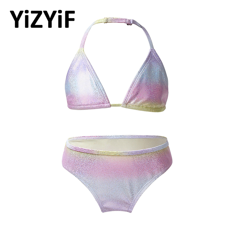 

Children Tankini Bikini Set Swimsuit Girls Kids Swimwear Cute Gradient Color Glittery Bathing Suit Set Bikini Tops With Bottoms