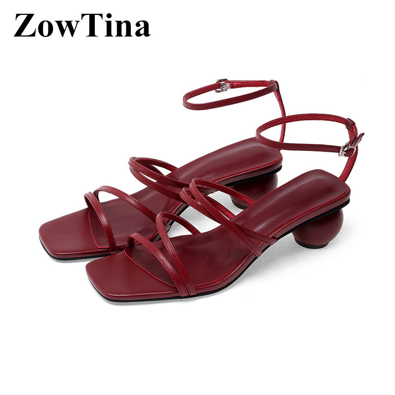 

2020New Wine Red Bridal Wedding Shoes Square Toe Summer Ankle Strap Women Sandals Beige Leather Med Round Heels Sandalias Femmes
