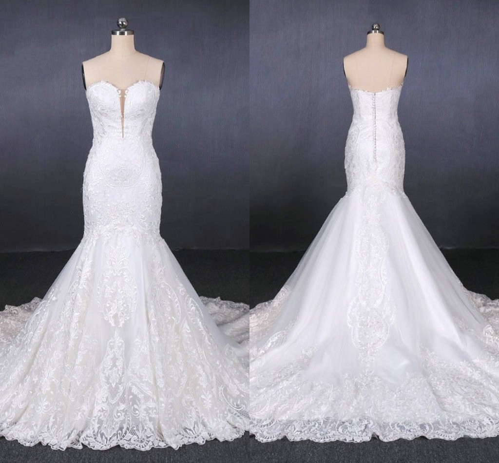 

2020 Nigerian Lace Mermaid Wedding Dresses Strapless Backless Chapel Train Bridal Wedding Reception Dress Robes De Mariée Modest New, Gold