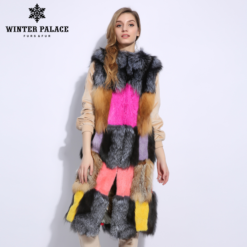 

Multicolor long natural fur coat Genuine Leather fur vest winter real coat Seamless stitching