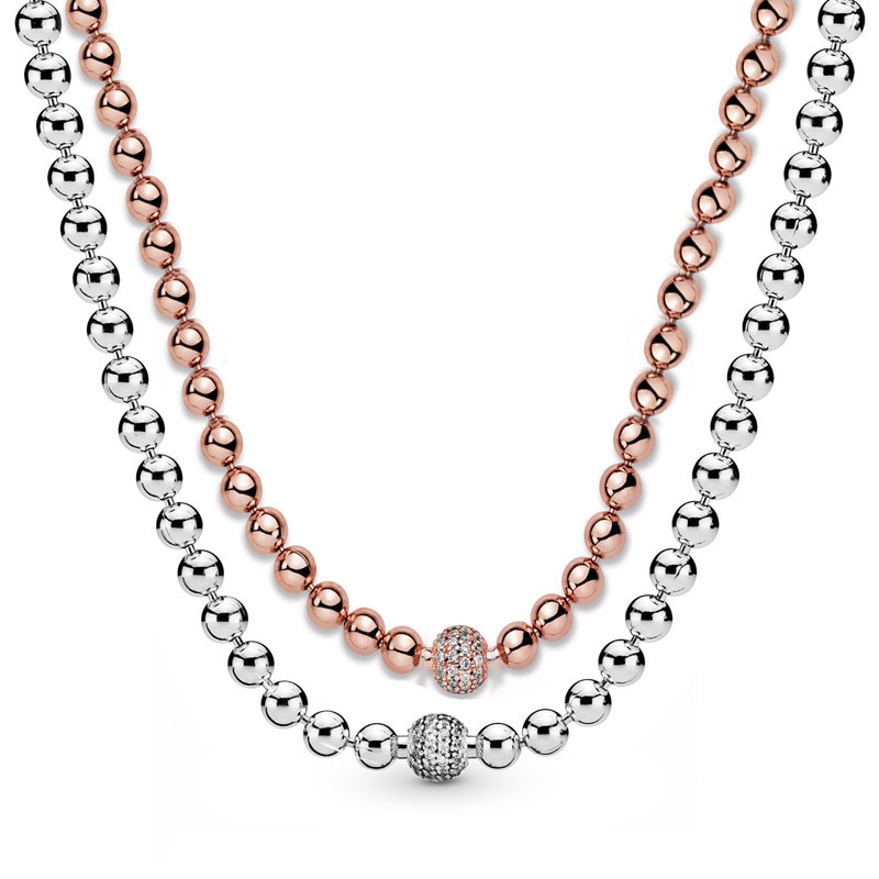 Nouveau 925 collier en argent Sterling perles en argent Rose pavé cristal collier coulissant pour les femmes cadeau de mariage bricolage Europe b