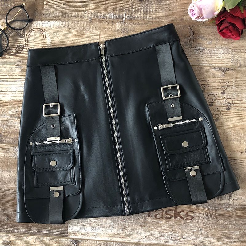 

2020 New Womens Sheepskin Skirt Black Skirt Fashion High Waist Womens Hip Short Leather Zip Mini