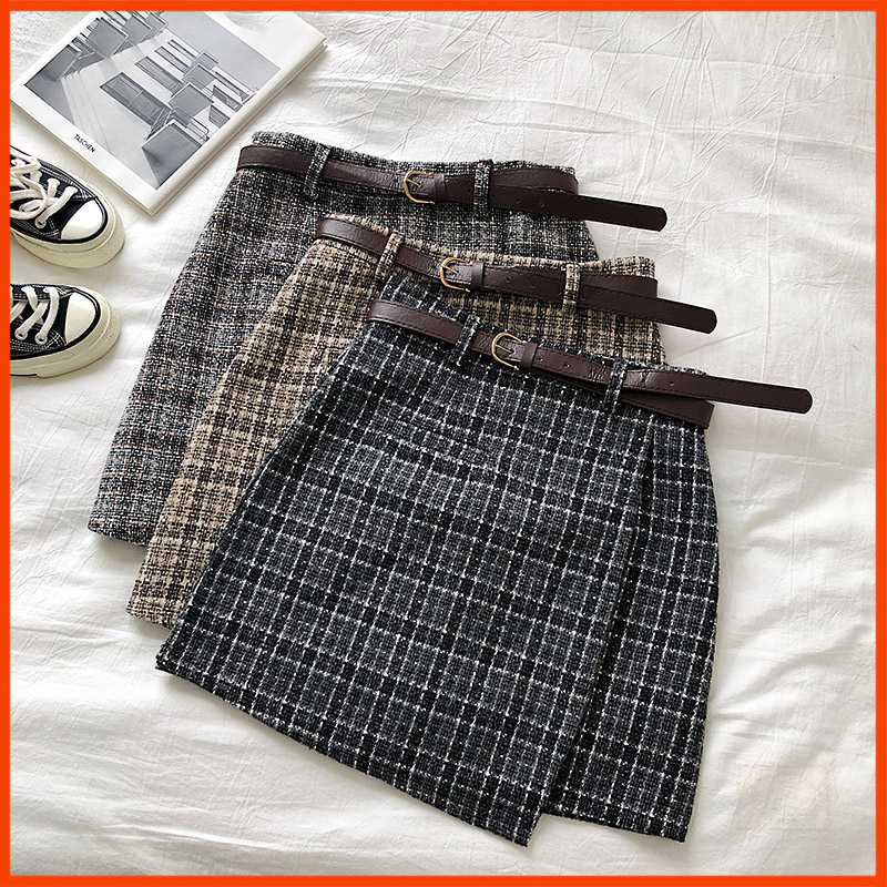 

OLOME A-line Mini Skirt Vintage Casual Women Plaid Skirt Chic Sashes Korean Irregular Lady Female Autumn Sweet High Waist