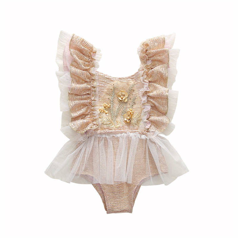 

Brand high-quality baby girls three-dimensional embroidered contrasting mesh gauze flying sleeves jumpsuit romper, Gray