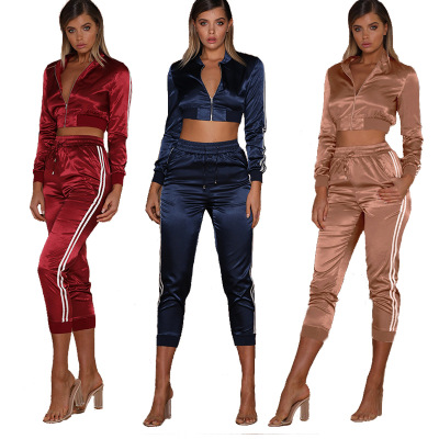 

Autumn Winter Jogging Suit Atin Sets Women Zipper Side Stripe Crop Tops Drawstring Calf Length Pants Sexy Workout Tracksuits Drop Shipping, Color 1