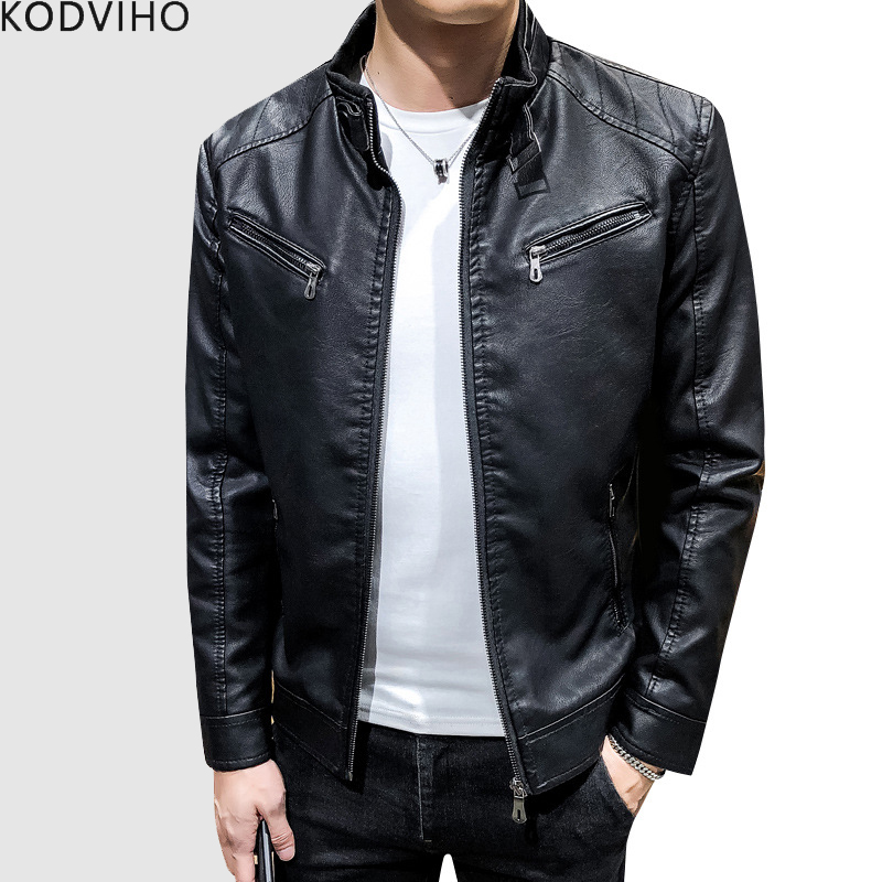 

Casual PU Leather Jacket Men Spring Autumn Slim Fit Black Coat Stand Collar Solid Outwear Zipper Pocket Motorcycle Windbreaker, Earth yellow