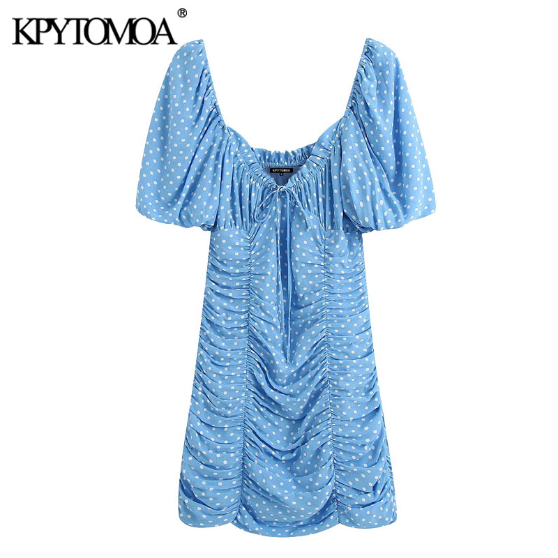 

KPYTOMOA Women 2020 Chic Fashion Polka Dot Draped Mini Dress Vintage Tied V Neck Puff Sleeve Female Dresses Vestidos Mujer, As picture