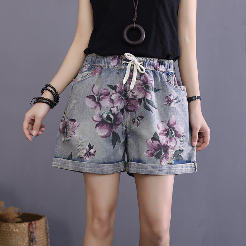 

Summer New Retro Ethnic Denim Shorts Women Elastic High Waist Floral Print Plus Size Jeans Shorts Female Vintage Casual, Dark