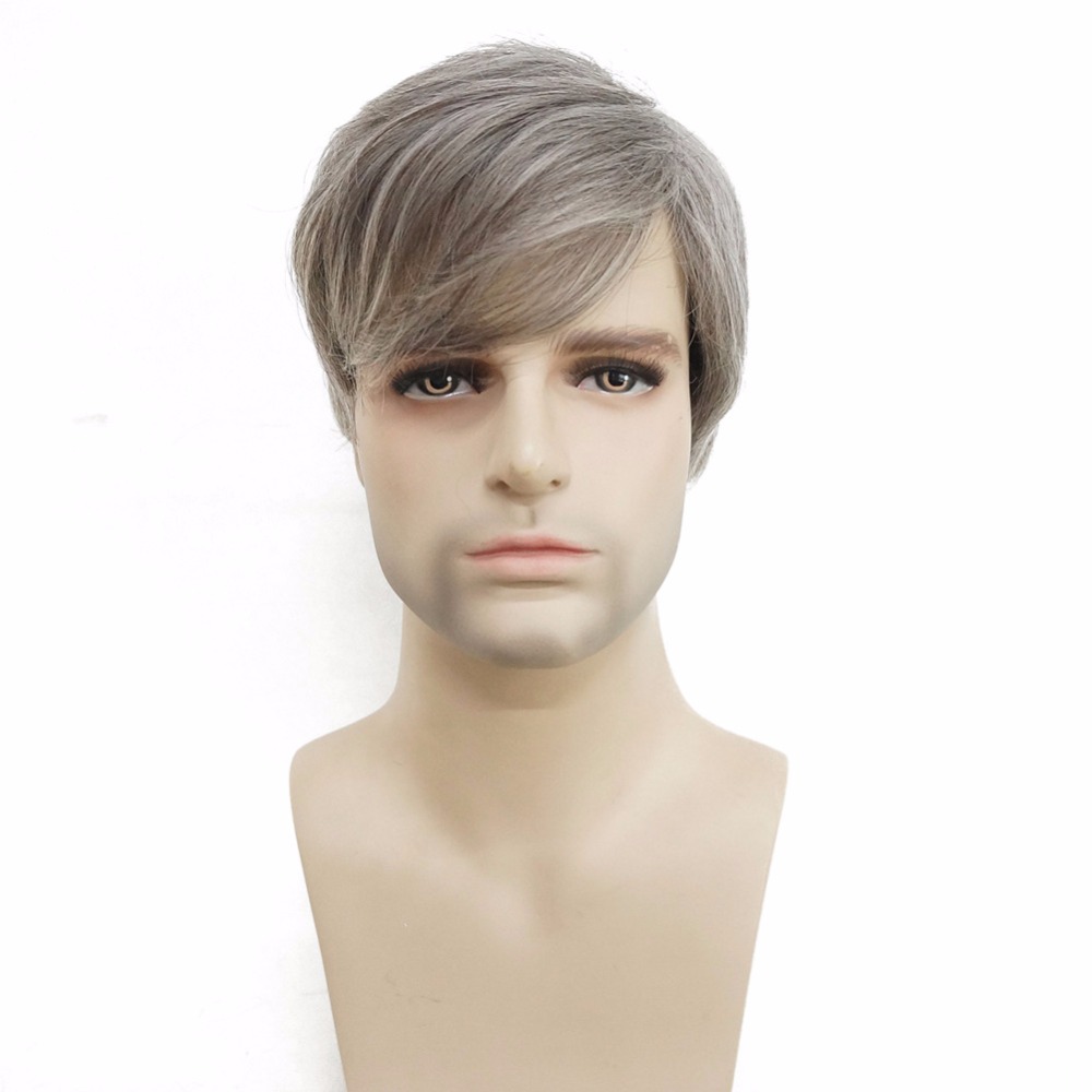 

Men's wig Silver grey Mix Short Straight Natural Synthetic Heat Resistant Fiber Full Wigs, Clear