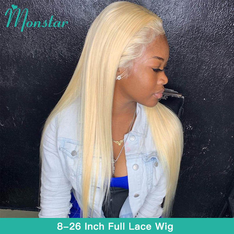 

Monstar Full Lace Wig 613 Platinum Blonde Color Brazilian Straight Glueless 8 - 26 inch Full Lace Human Hair Wigs with Baby Hair, T1b/613