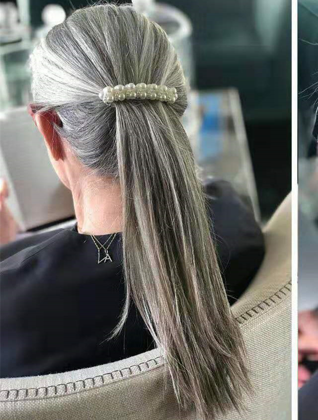 

Straight Hair Extensions Clip in 1 Pieces Ponytail Silky Women Hair Pieces Human Hair - Ash Blonde Mix Silver Gray(Length:16inch,Weight:120g