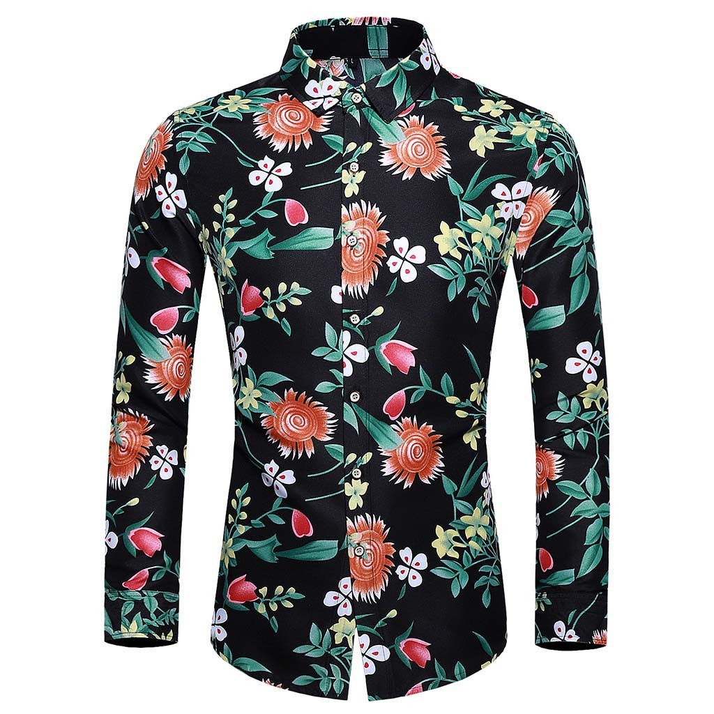 

2019 shirt Men's Casual Printing Colorful Slim Long Sleeve Dress Blouse Tops streetwear camisa masculina chemise homme, Black