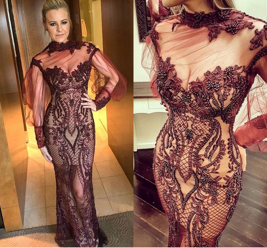 

Burgundy High Neck Mermaid Prom Dresses Sexy See Through Poet Long Sleeves Evening Gown 2020 Lace Formal Party Pageant Dress, Black
