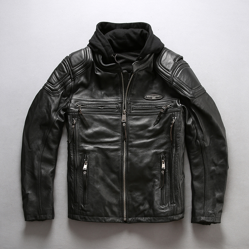 

hooded pattern 2020 motorcycle men hat removable cow leather coat men' winter moto biker jacket embroidery, Black