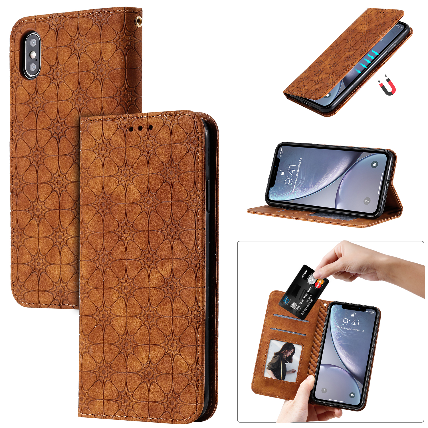 

For iPhone X XS Case Flip Cover Stand Wallet Leather Embossed lucky flower Strong magnetism Auto adsorption For iPhone XR/XS Max, Blackish green