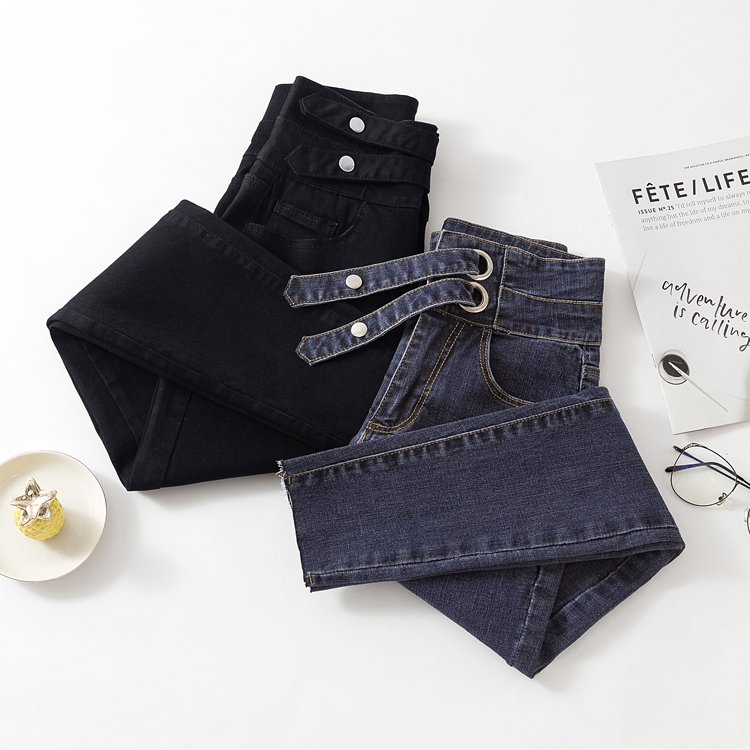 

2020 tight black female high waist jeans new winter cultivate one' morality show thin trousers