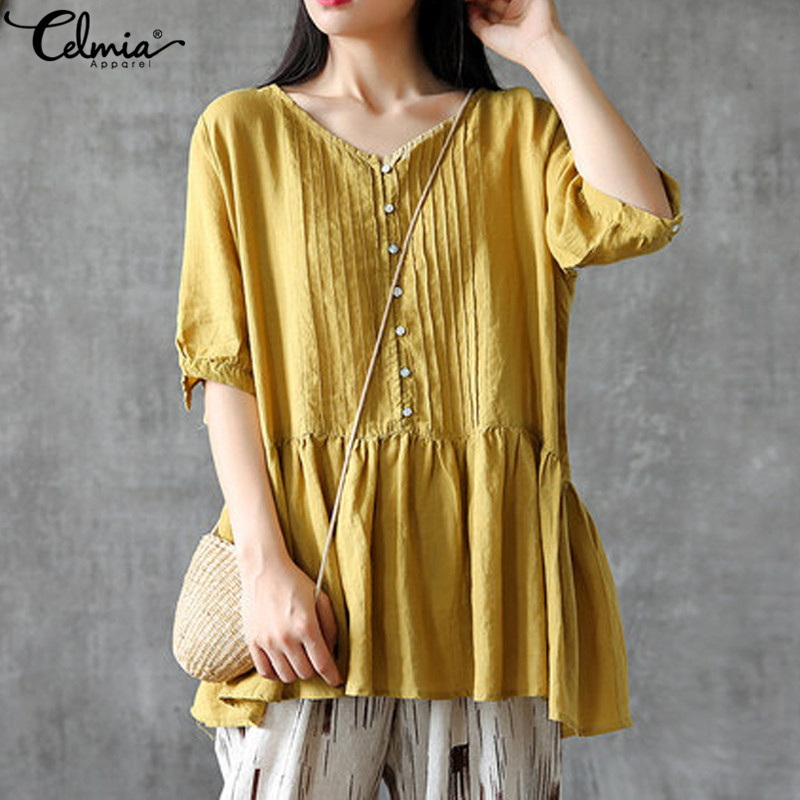 

5XL Celmia Women Ruffles Blouses 2020 Summer Vintage Tunic Tops Ladies Buttons Pleated Casual Loose Work Shirts Plus Size Blusas, Black