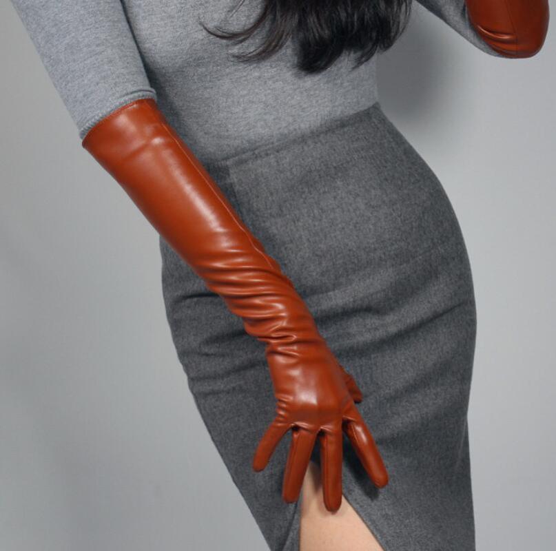 

Women's fashion sexy slim faux pu leather glove lady's club performance formal party leather long brown glove 50cm R2044