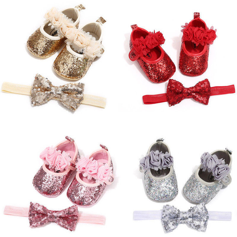 

Baby Girls Shoes Infant Newborn Bow Knot Sequins First Walkers Princess Shoes + Hairband Kids Girl Birthday Party, Pink