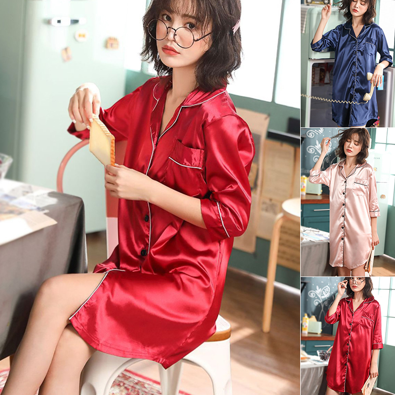 

Women's Solid Cropped Sleeve Summer Loose Emulation Silk Mini Nightdress, Red