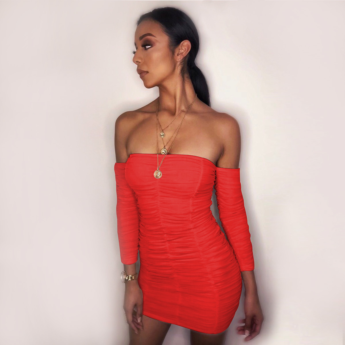 

2020 station long-sleeved sexy bra pleated gauze women' dress, Red