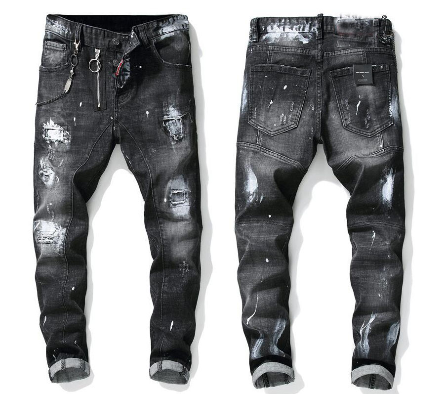 

Men Slim Fit Big Size Jeans Men's Paint Hole Style Destroyed Skinny Straight Leg Washed Luxury Casual Regular Denim Pants Trousers 1010 U04R, 1066