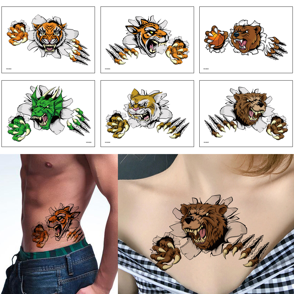 

3D Body Tattoo Broken Wall of Animal Sticker Waterproof Water Transfer Paper Temporary Cruel Tiger Dinosaur Bear Design Life-like Tattoo New