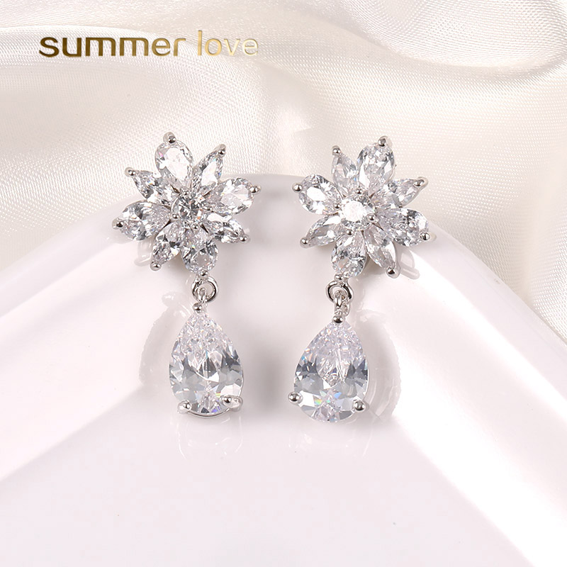 

2019 Fashion Designer Women Jewelry Earrings Flower Cubic Zirconia Dangle Earring 925 Silver Needle cz Micro Pave Gold Earring Wedding Gift