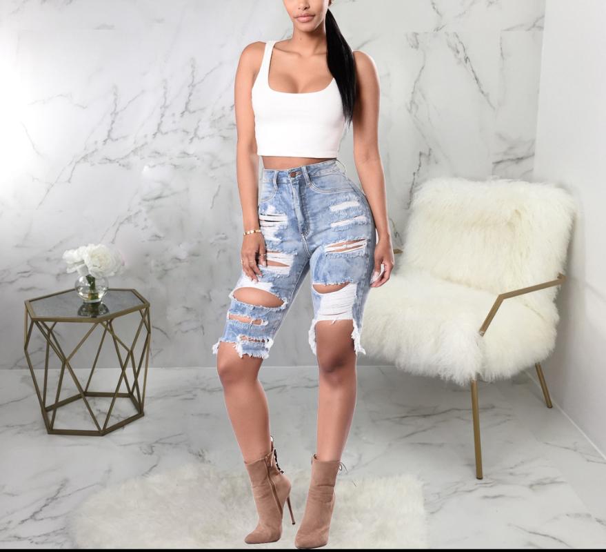 

High Waist Women Jeans Sexy Women Ladies Denim Skinny Ripped Shorts Hole Destroyed Draped Stretch Bodycon Jeans Slim Shorts, As pic