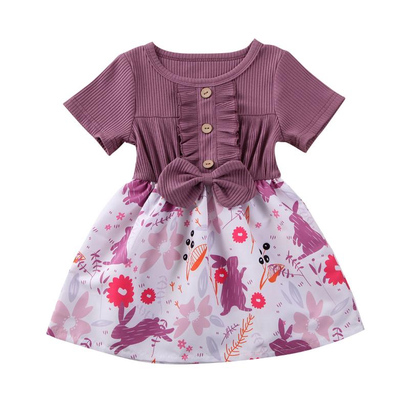 

Girls Summer Dress Toddler Baby Girl Floral Pit Knitted Ribbed Patchwork Dress Children Summer Casual Short Sleeve Dresses, As pic