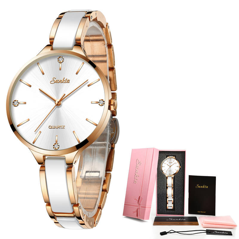 

SUNKTA Simple Thin Rose Gold Quartz Watch Women Fashion Ladies Watch Women's Watches Dress Wristwatch For Women 210517, Gold black