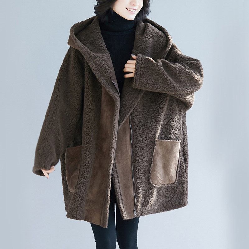 

2020 New Autumn Winter Thicken Woolen Coat Cotton Cardigans Women Coat Hooded Extra Large Size Women Jackets PP007, Coffee