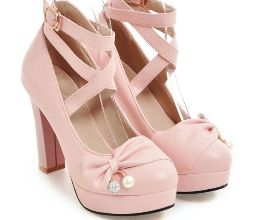 

2019 Women's shoes in Spring and Autumn with New style High heel Coarse heel round head bowknot waterproof table @297, White