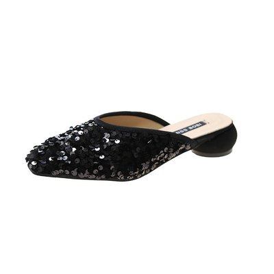 

2020 summer new Baotou fashion half slippers female sequins square head wild female slippers, Black
