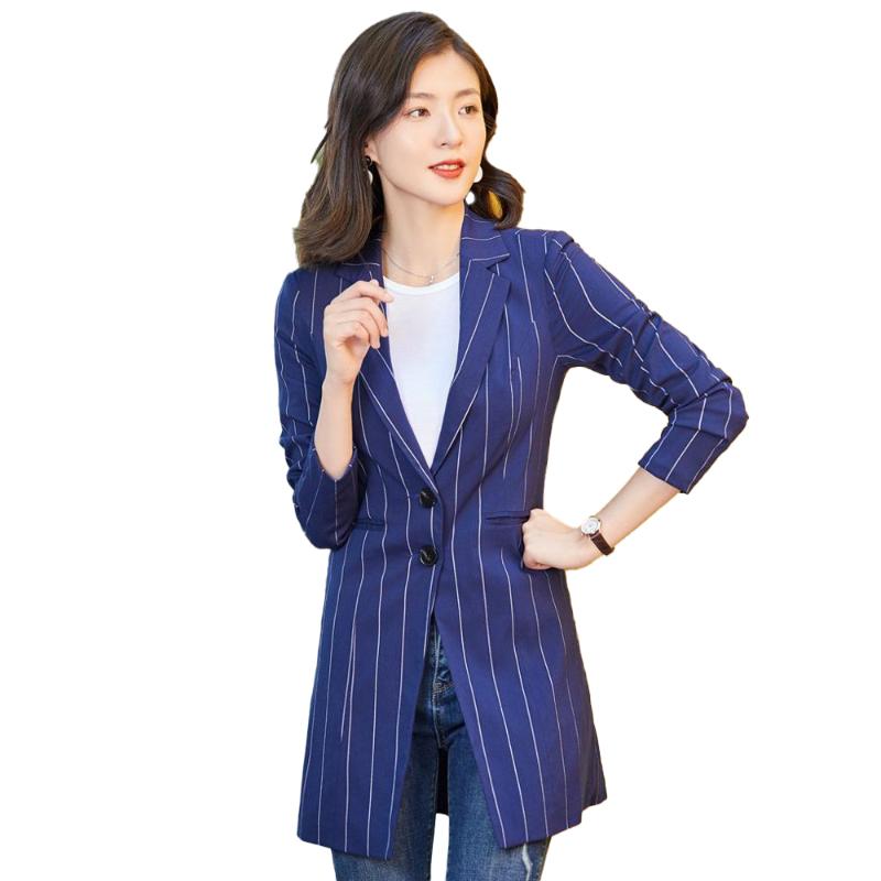 

2020 Fashion Casual Stripes Elegant Long Blazer Women Outerwear Jacket Yellow Ladies Work Wear Clothes Slim Blazers and Jackets, Blue blazer