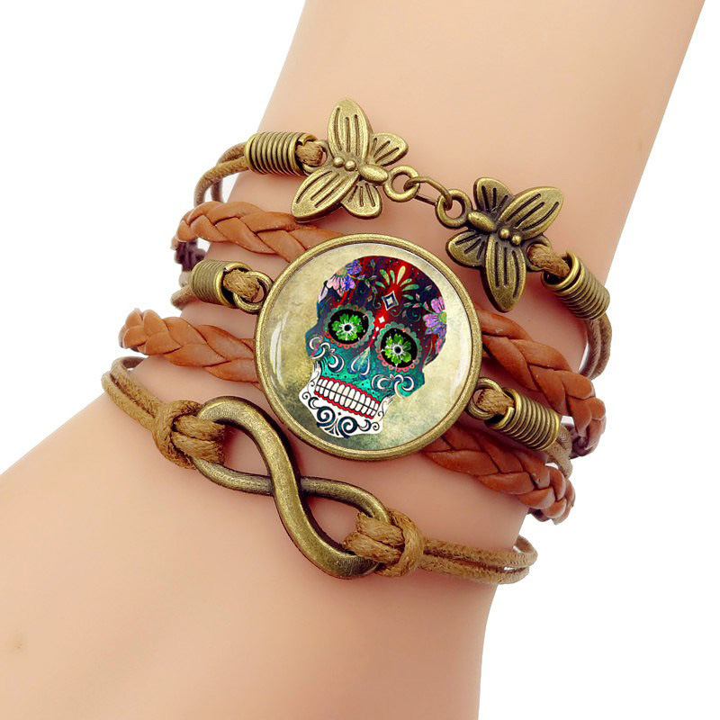 

Steam Punk Sugar Skull Glass Dome Time Bracelet Butterfly Infinite Group Combine