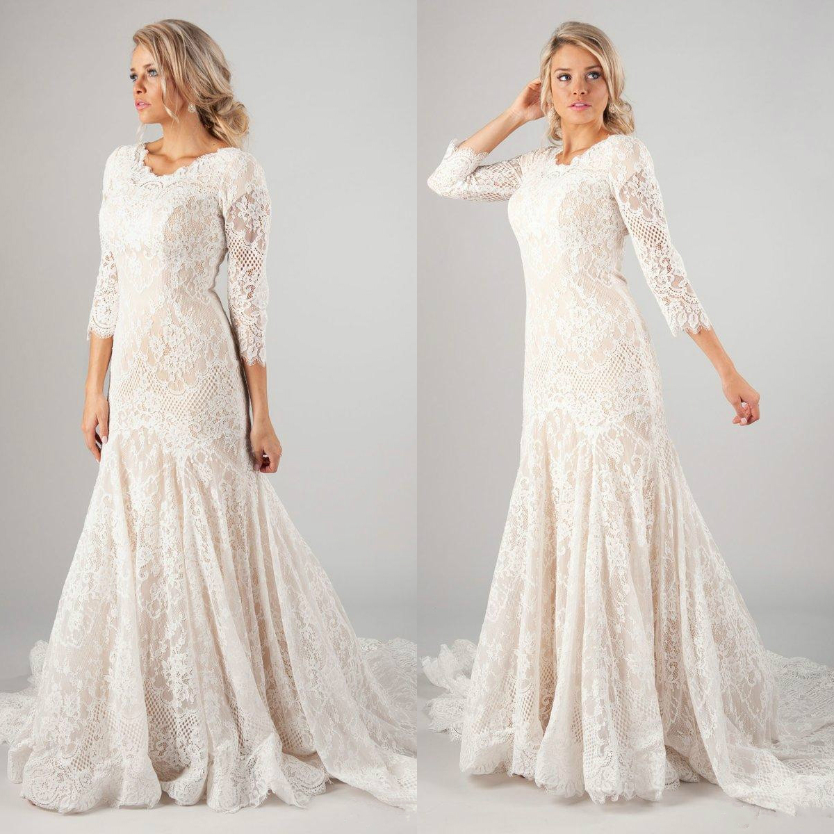 

2019 New Mermaid Lace Modest Wedding Dresses With 3/4 Long Sleeves Vintage LDS Muslim Bridal Gowns Sweep Train Buttons Back, White