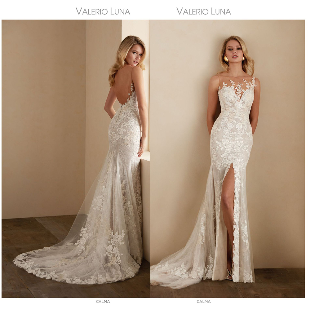 

Elegant Valerio Luna Mermaid Wedding Dresses Jewel Sleeveless Split Backless Lace Applique Wedding Gown Sweep Train robe de mariée, Dark navy