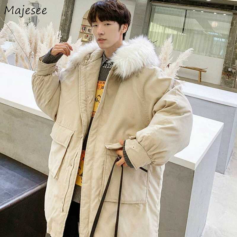 

Medium-long Style Parkas Men Fur Hooded Solid Chic Simple Pockets Warm Mens BF Safari Style Coats Winter Loose Ins Fashion New, 216 black