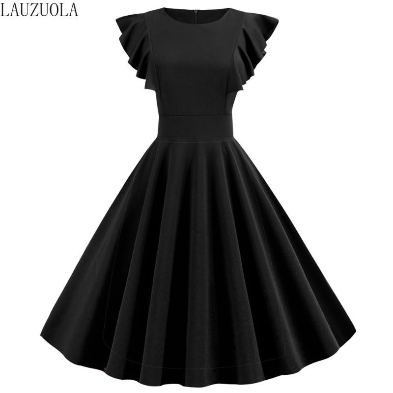 Solide noir femmes robes d'été Vintage 50 60 s Rockabilly Pinup fête Vestidos pétale manches robe de bureau genou-longueur 2020