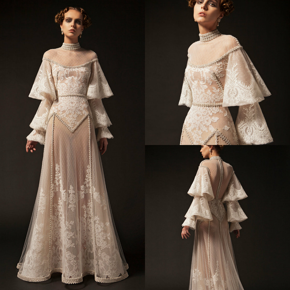 

2020 Boho Bridal Dresses High Neck Appliqued Beaded Ruffle Floor Length Wedding Dress Dropped Shoulder With Tiered Sleeves Robes De Mariée, Nude
