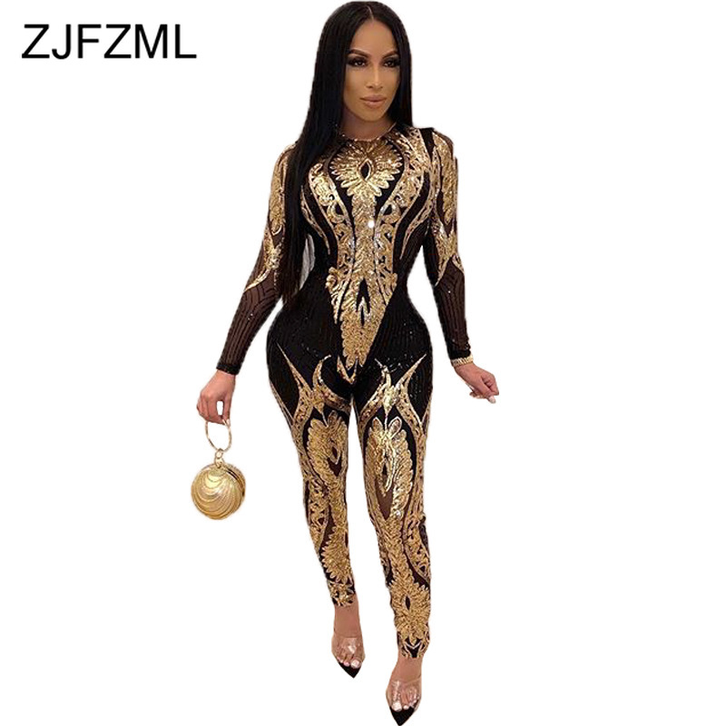 

Women' Jumpsuits & Rompers Shiny Sequins Embroidery Sexy Skinny Overall For Women Long Sleeve Perspective Bandage Jumpsuit Elegant Bodycon, Gold