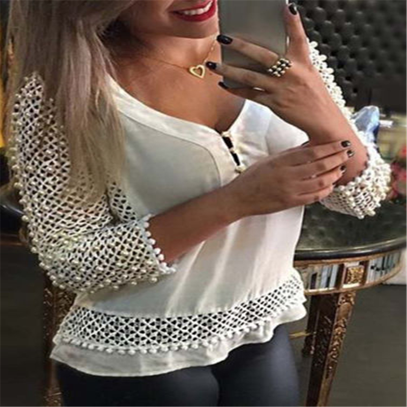 

Fashion Women White Blouse Long Sleeve V neck Hollow out Shirts Female Ladies Loose Chiffon Solid Blouses summer tops hot sale