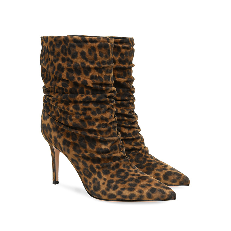 

2019 new fashion boots pointed toes wrinkle leopard high heels big size winter women stiletto heel ankle boots Pleated shoes woman botas