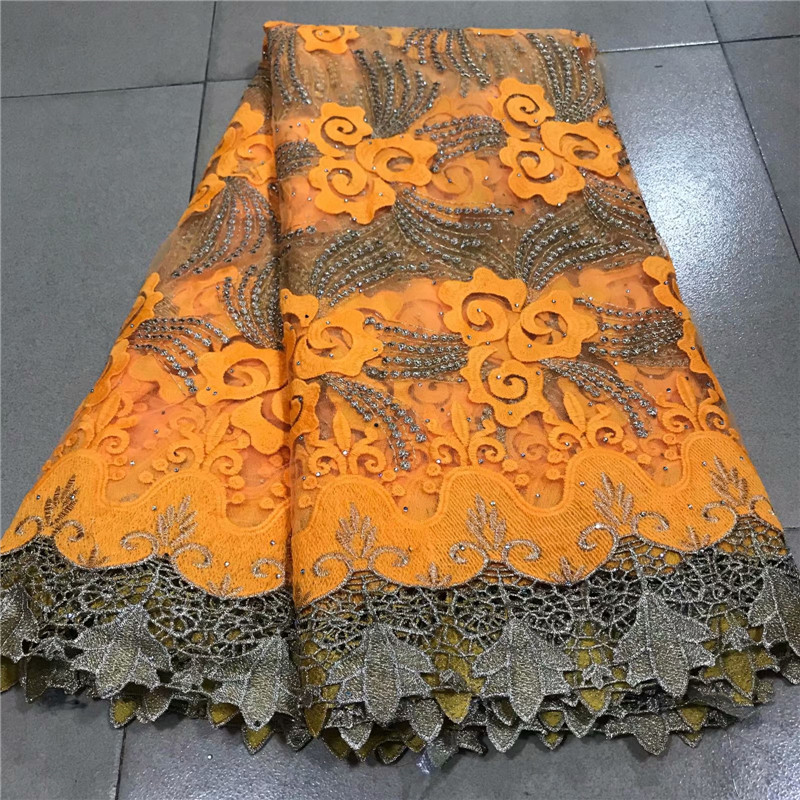 

2020 gold Nigerian Lace Latest African Lace Bridal Fabric yellow African High Quality Rhinestones Fabric 5Yards/Lot