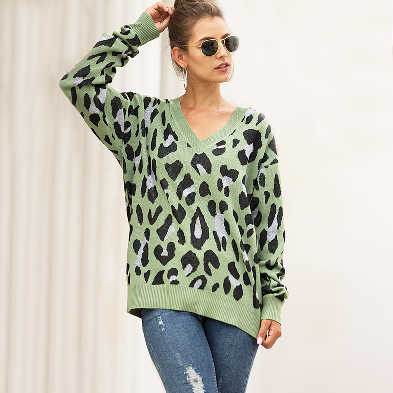 

Foridol v neck leopard print oversized pullover female autumn winter casual loose sweater jumper streetwear pull femme 2020, Green