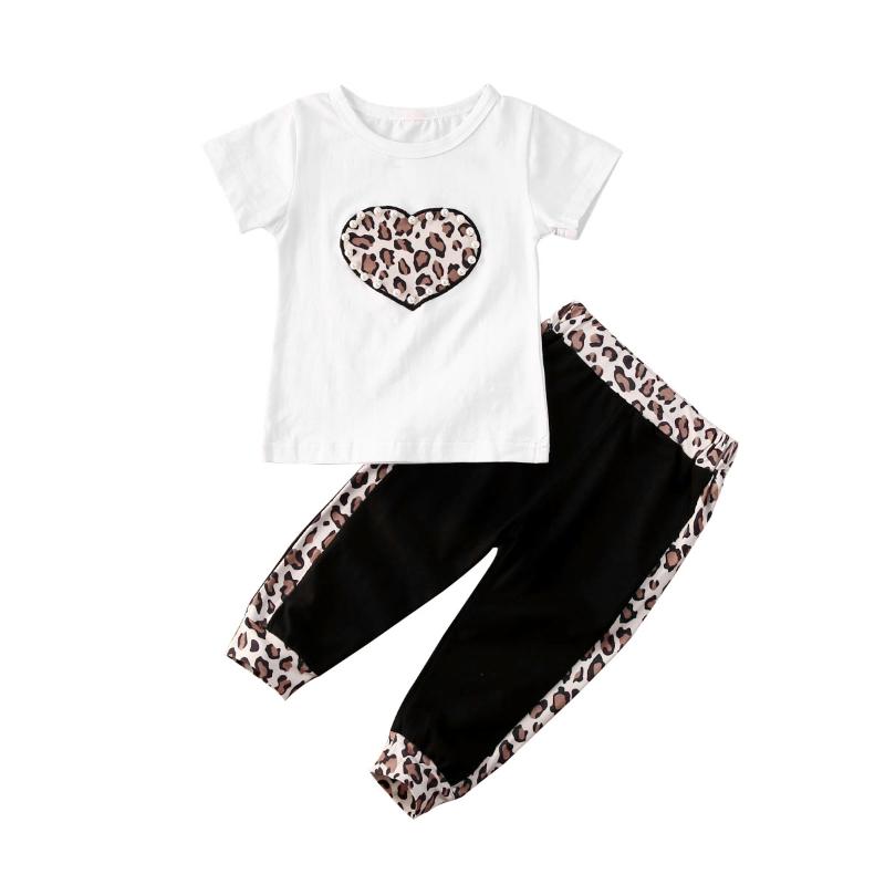 

2Pcs Set Baby Girls Clothes Summer Fashion Leopard Print Pearl Tops+Pants Toddler Infant Outfits Cotton Children Tracksuit, White