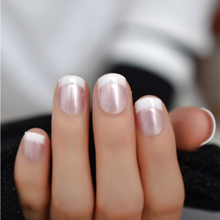 

French Square Nails Short Pink Color Nails Smooth Glossy Surface Tips Pearl Designed Full Cover Nail