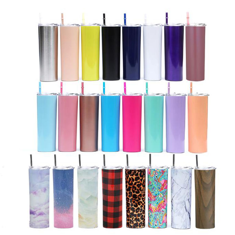 

20OZ skinny tumbler with colorful straw and lid stainless steel vacuum insulated straight cup beer mug wholesale, Multi-color