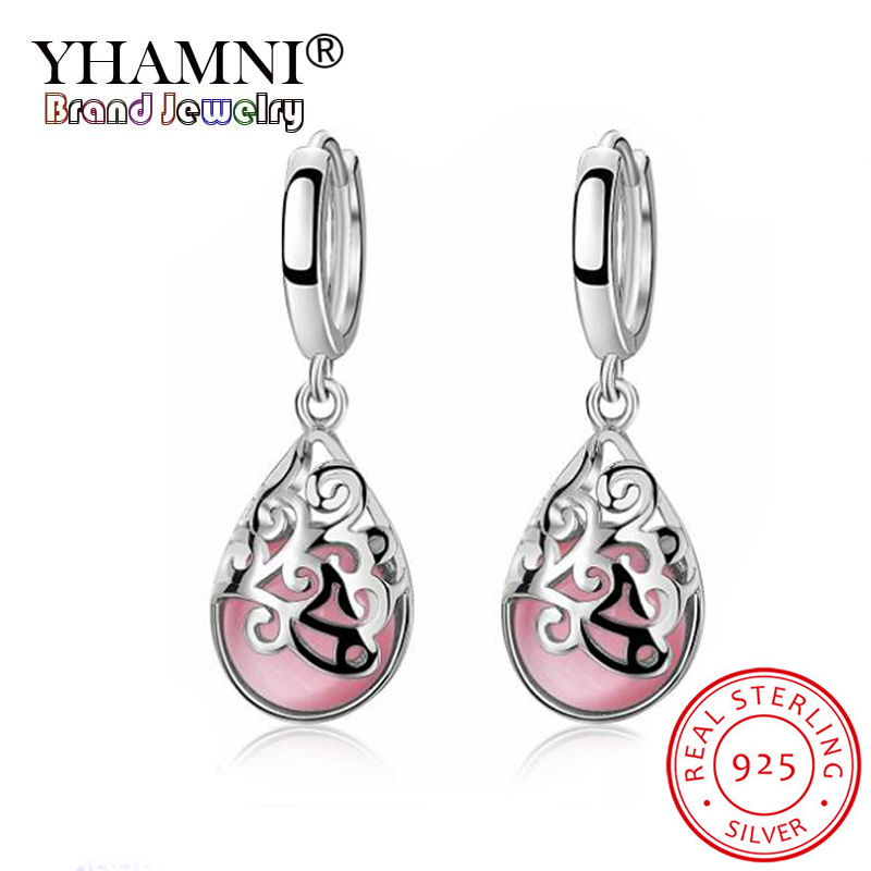 

YHAMNI Original 925 Sterling Silver Round Opal Stone Big Drop Earrings For Women Fashion Temperament Moonstone Brinco LVES6568, Golden;silver